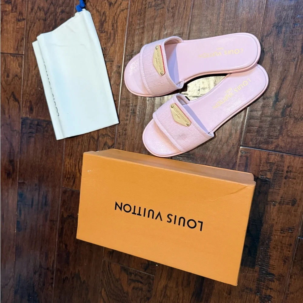Louis Vuitton Pale Pink Slide Sandals with Gold Plaque